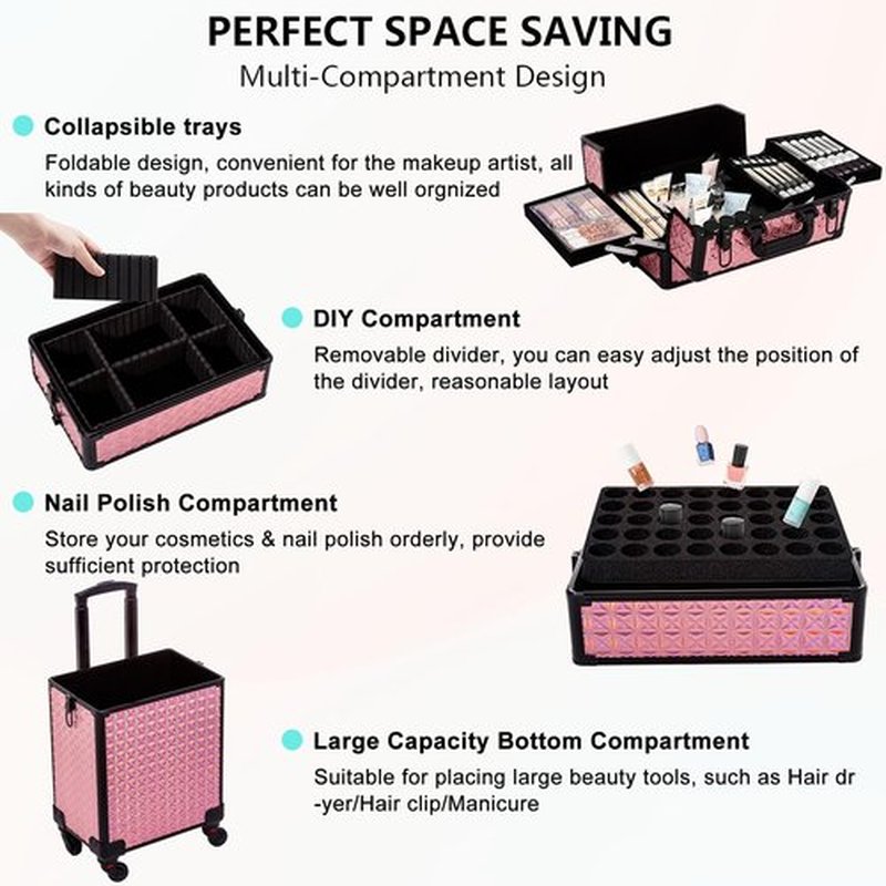 AROUS 5 in 1 Professional Makeup Train Case Aluminum Cosmetic Case Rolling Makeup Case Extra Large Trolley Makeup Travel Organizer, with 360° Swivel Wheels, Pink, JG0001