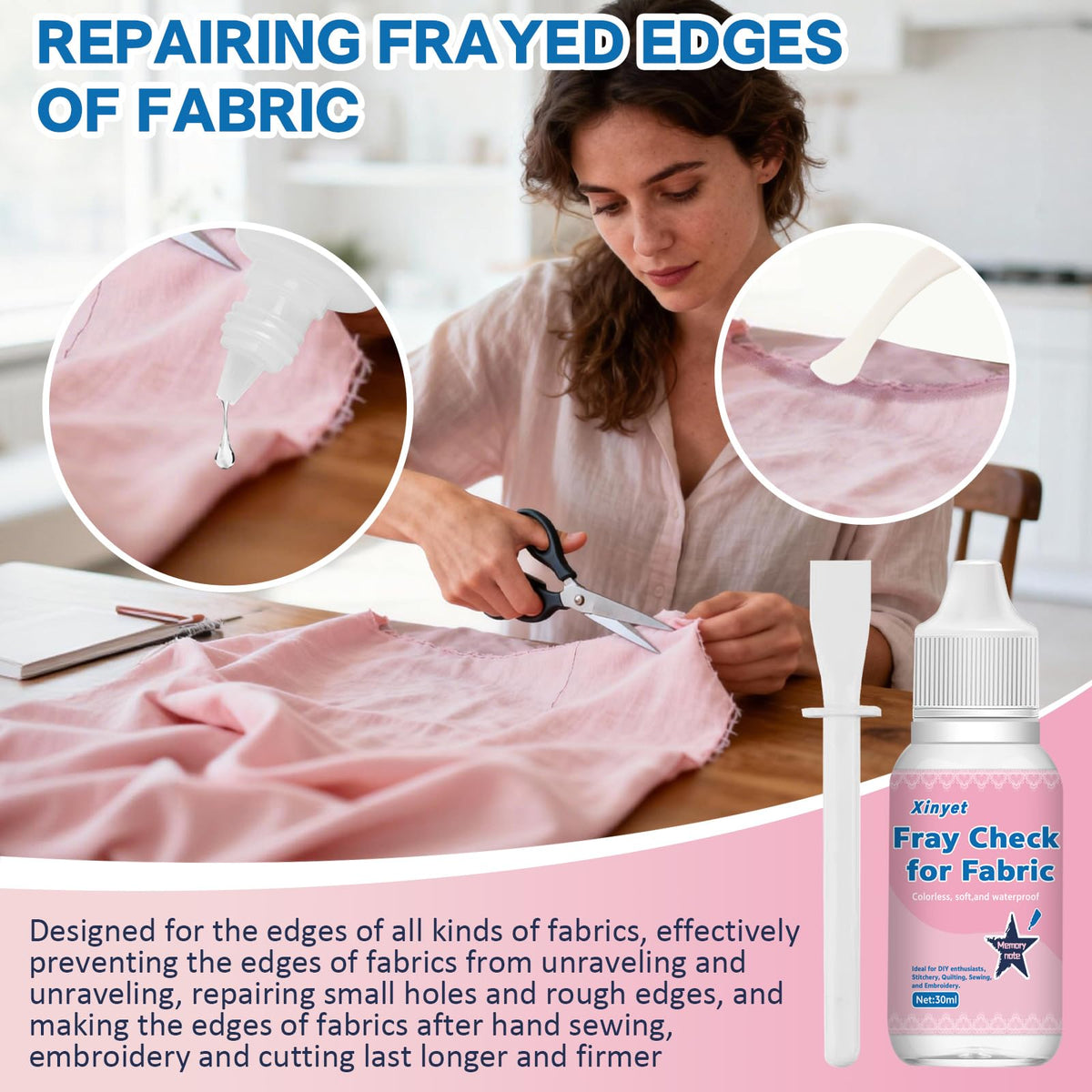 Xinyet 60ml Fray Stop for Fabric,Fray Check for Fabric Clear, Dried Clear Soft Flexible with Brush Wooden Scraper, Prevent Fraying and Edge Sealing Suit for Embroidery, Quilting,Stitchery