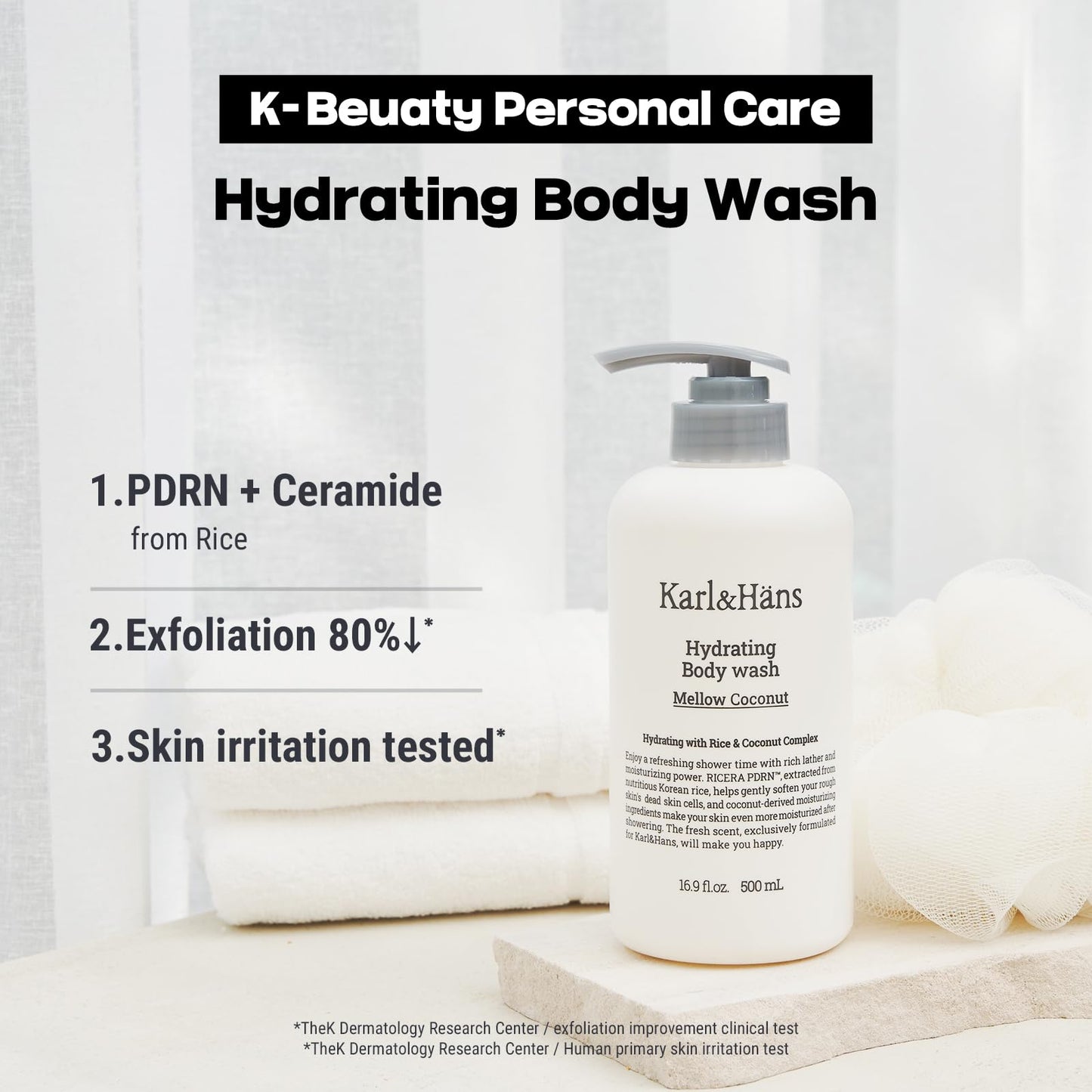 Karl&Hans Hydrating Body Wash, Korean Rice-Derived PDRN & Ceramide, Refreshing Cleanser, Skin Barrier Support, Non-Drying, with Coconut-Derived Moisturizers, 16.9 fl oz (Mellow Coconut)
