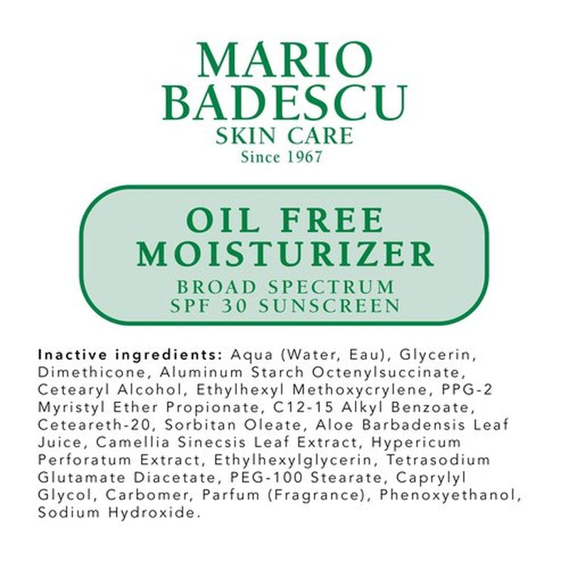 Mario Badescu Oil Free Moisturizer with Broad Spectrum SPF 30 Face Sunscreen for Combination, Oily & Sensitive Skin, Lightweight and Non-Greasy Formula with Green Tea & Aloe Vera, 2 Fl Oz