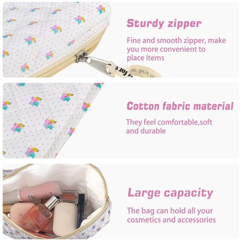URSKYTOUS 2Pcs Cotton Quilted Makeup Bag for Women Floral Travel Large Small Cosmetic Bag Set Big Cute Makeup Pouch Portable Toiletry Bag Organizer Storage Coquette Aesthetic White Makeup Brush Bag