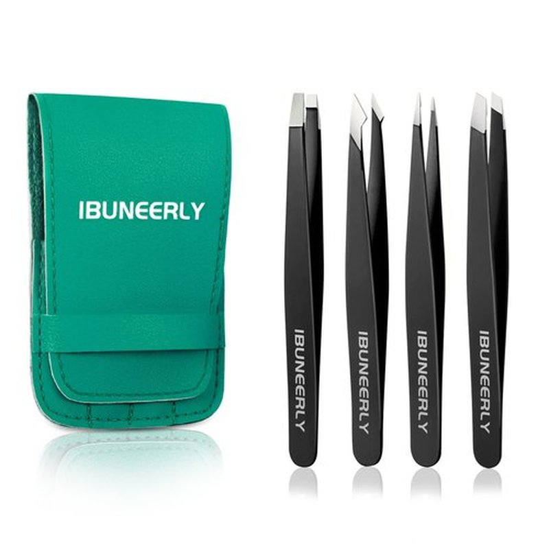 iBuneerly Tweezers Set, 4Pcs Tweezers for Women with Travel Case, Professional Stainless Steel Eyebrows Tweezers, Great Precision Tweezers for Ingrown Hair, Facial Hair, Splinter Removal (Black)