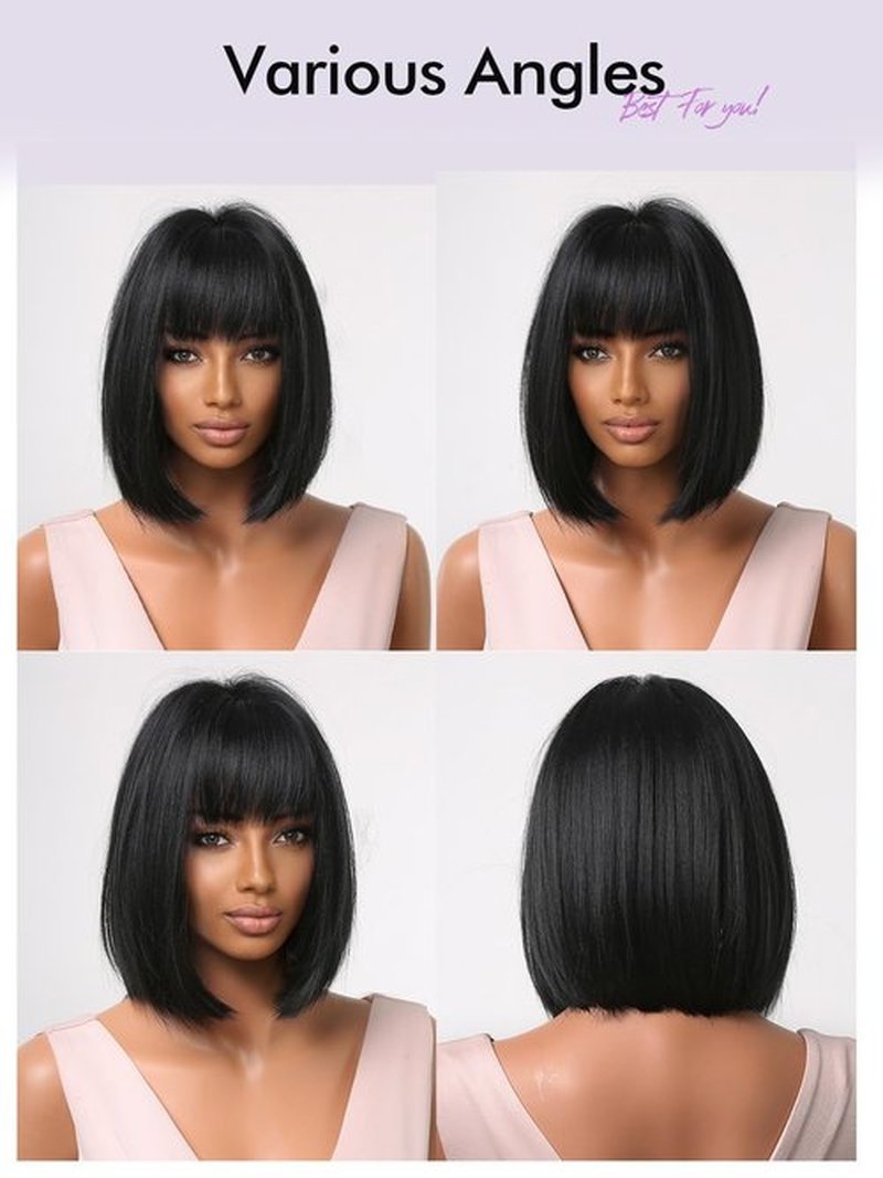 Allbell Black Bob Wig for Women Short Bob Wigs with Bangs Natural Looking Heat Resistant Synthetic Hair for Daily Cosplay Use