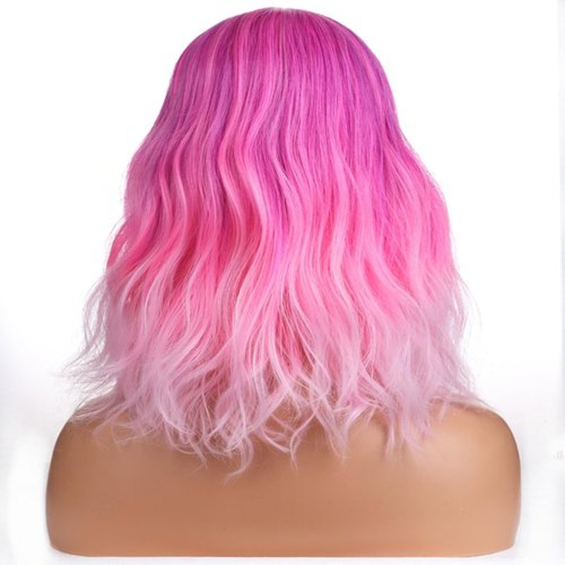 BERON Rose Pink Wigs for Women Short Curly Wavy Wig Girls Middle Part Ombre Pink Purple Colorful Body 14 Inch Heat Resistant Synthetic Hair Wig Cosplay Daily Party Wigs