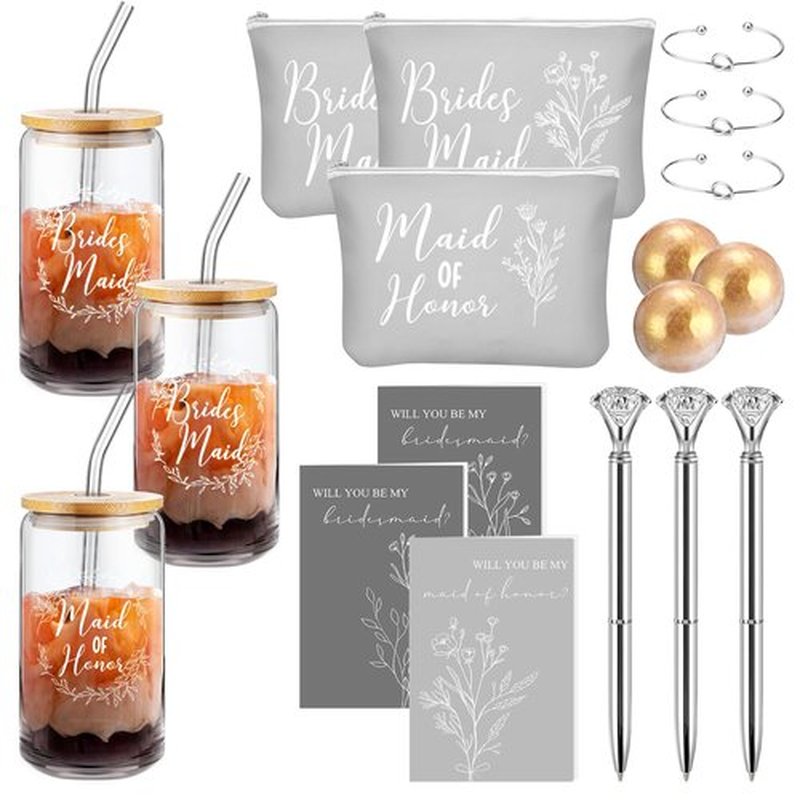Skybooly 18 Pcs Bridesmaid Proposal Gifts Maid of Honor Gifts Including Brides Maid Glass Cup Makeup Bag Diamond Pen Bracelet Invited Cards for Wedding Party Favors(Gray)