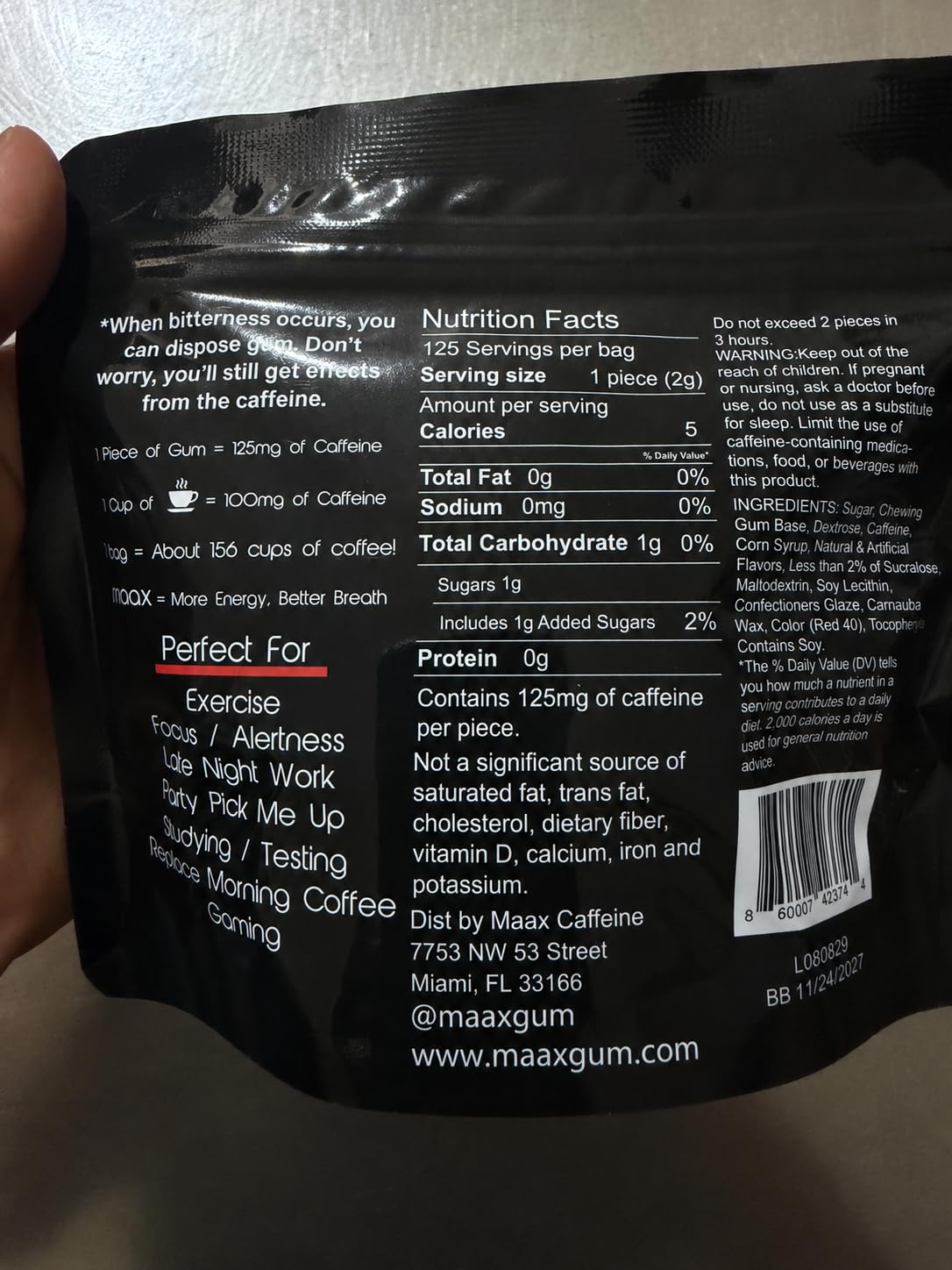 Maax Caffeine Energy Gum | 125mg of caffeine per piece | Cinnamon | 125 total pieces per bag