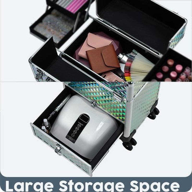 Hododou Rolling Makeup Case with Drawer Travel Trolley Cosmetology Case on Wheel Makeup Storage Salon Barber Case Traveling Cart Trunk for Cosmetologist Nail Tech Hairstylist - Blue