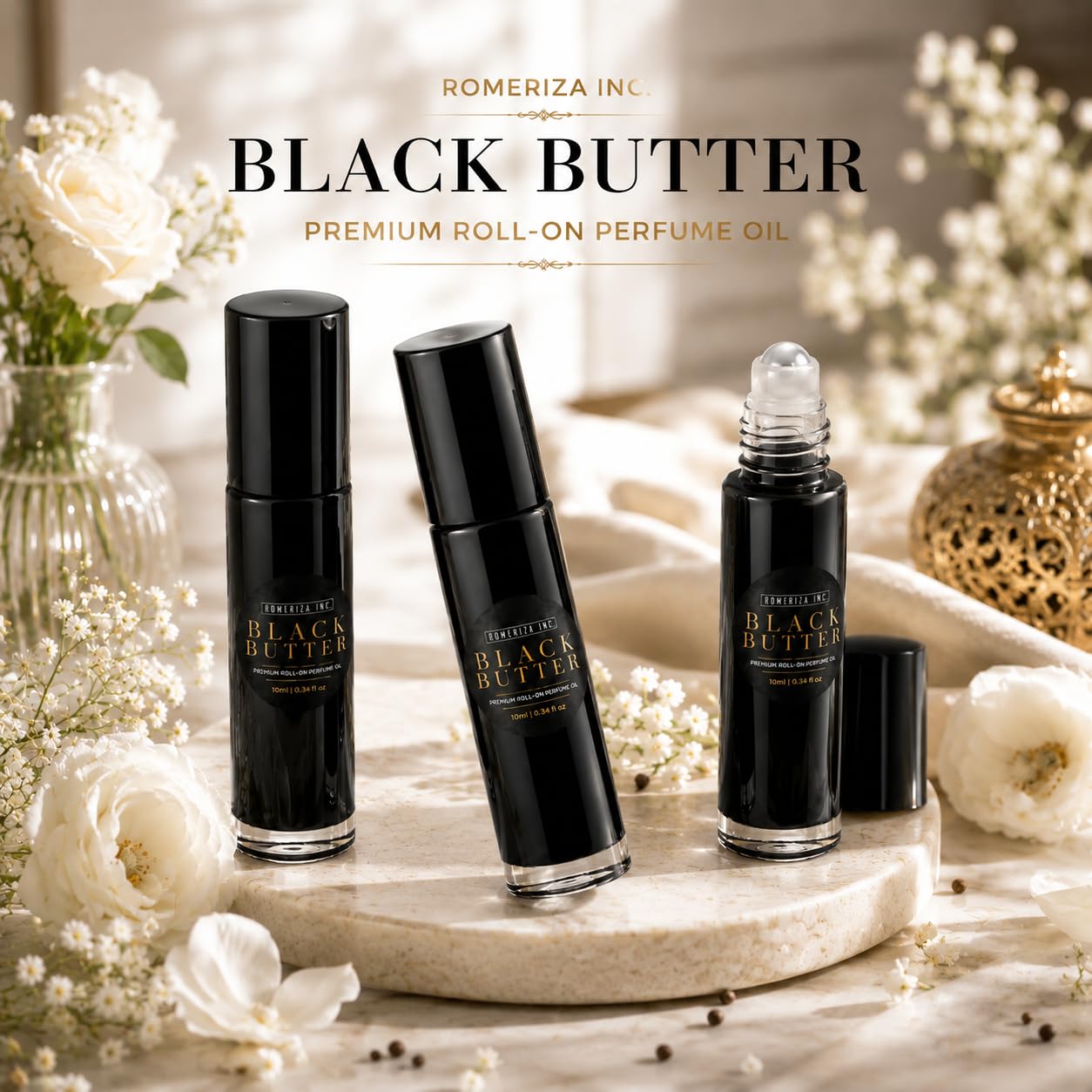 ROMERIZA INC. 10 ml Black Butter Scented Fragrance – Travel Size Perfume Oil, Fragrance For Skin, Unisex Roll-on Perfume Oil, Lasting Natural Scented Body Oil For Men And Women, Travel Size