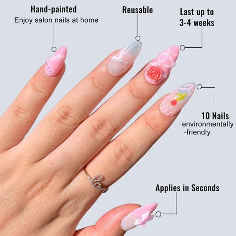 Handmade Press On Nails Short Almond,GlimightyX Thick Soft Gel UV Cured Pink Press On Nails Reusable,Flowers Pearl Bow Glue on Nails Kit,10 Nails Size XS,Fairy Garden