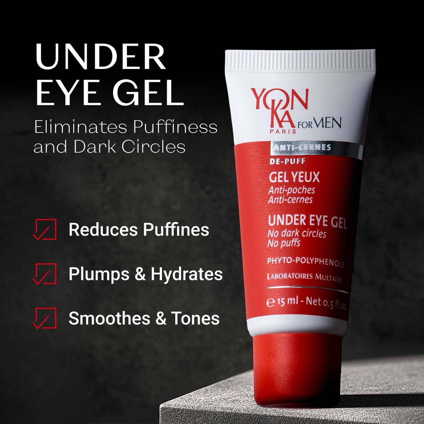 Yon-Ka Men's Eye Gel | for Puffiness & Dark Circles | Repairing Formula with Arnica | Beech Bud & Mimosa Extracts | Soothes Fine Lines | Quick-Absorbing | 0.5 fl oz