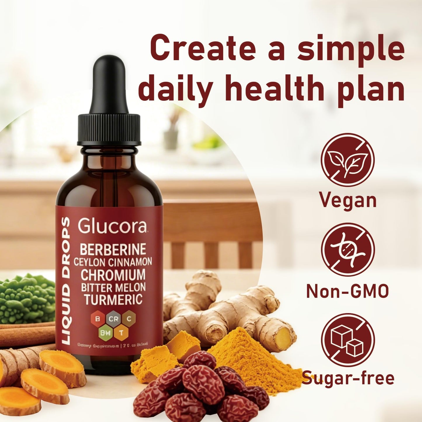 Glucora Berberina Liquida Gotas, Berberine Drops with Ceylon Cinnamon, Bitter Melon, Gymnema, Chromium, Turmeric, Ginger & Moringa for Daily Metabolic Wellness Support, Vegan Sugar-Free Drops, 2 fl oz