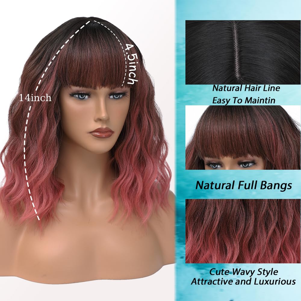 Short Pink Wigs with Bangs 14Inch Wavy Curly Bob Pastel Wig for Women Ombre Pink Shoulder Length Natural Looking Hair Replacement Wig for Daily Party Use Cosplay Costume Halloween Wig