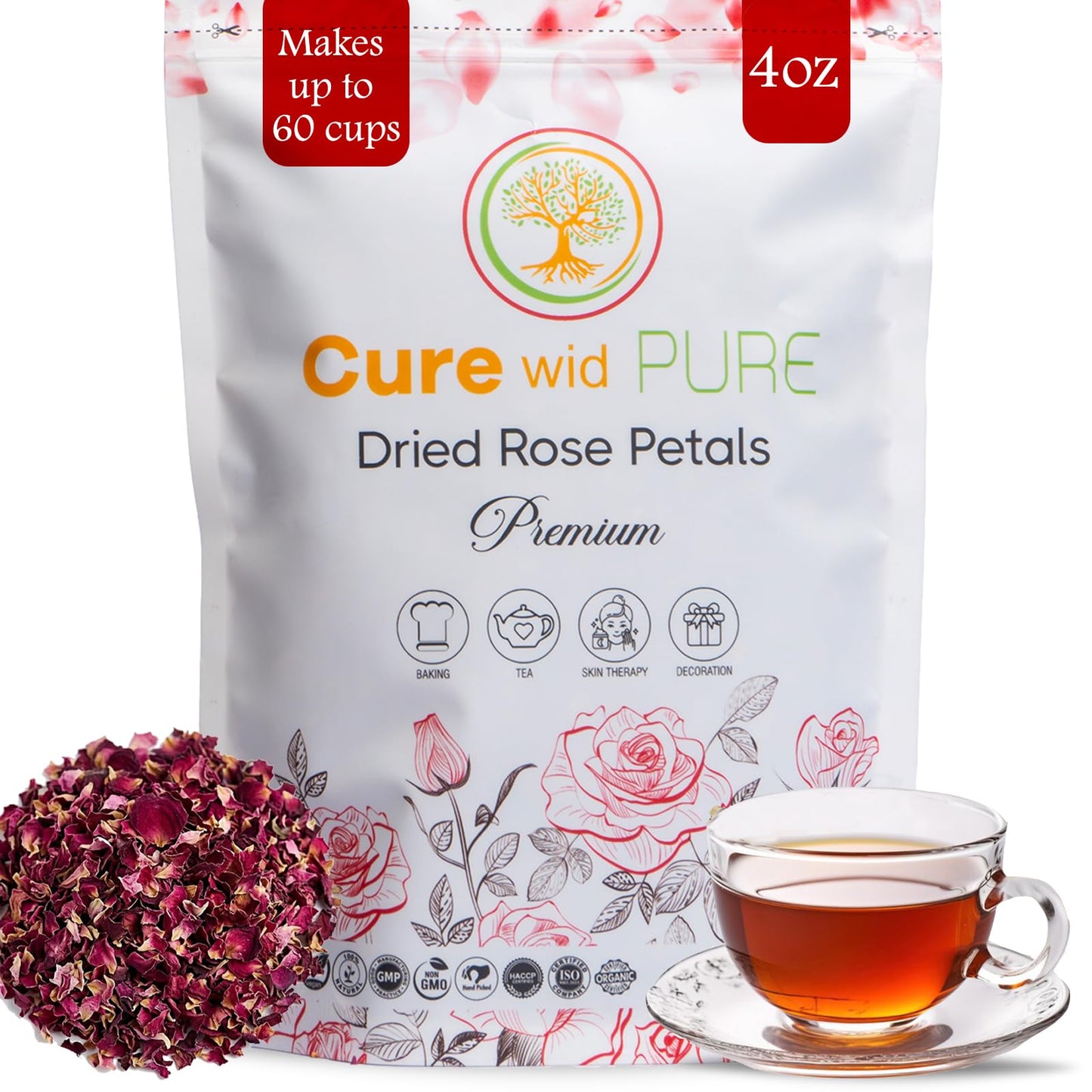 Cure wid Pure Organic Dried Rose Petals 4oz - Food Grade Edible Rose Petals