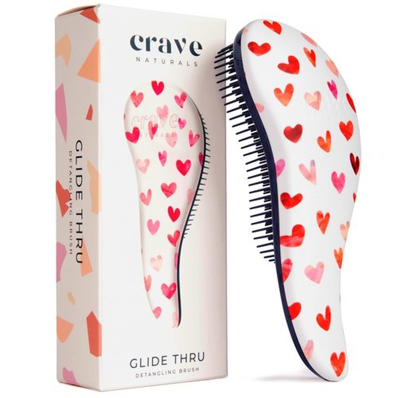 Crave Naturals Glide Thru Detangling Hair Brush - Detangler Brush for Curly or Straight, Wet or Dry Hair - Gentle on Tangles Hairbrush and Comb - Ideal for Adults and Kids - 7.5x3-Inch, Pink Hearts