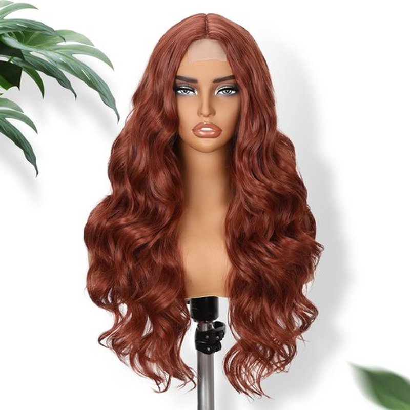 Fancy Hair Auburn Wavy Wigs 28 Inch Long Ginger Middle Part Curly Wavy Wig Small Lace Front Copper Red Synthetic Long Wig for Women Girl Cosplay Daily Party Use