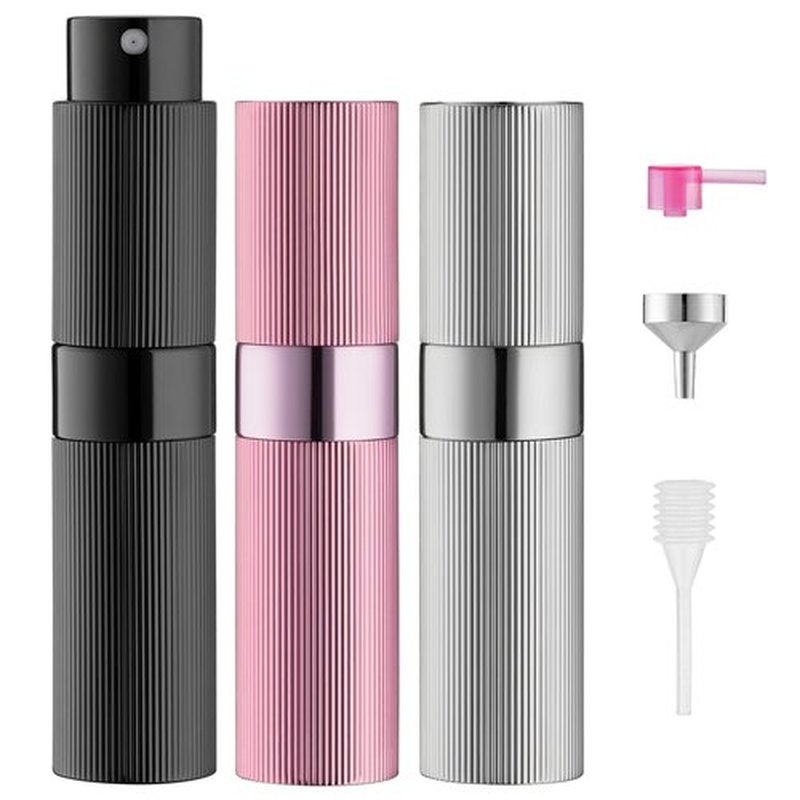 LISAPACK 8ml Stripe Perfume Atomizer Spray Bottle, 3pcs Travel Cologne Sprayer Refillable, Empty Mini Portable Perfume Dispenser (Black, Silver, Pink)