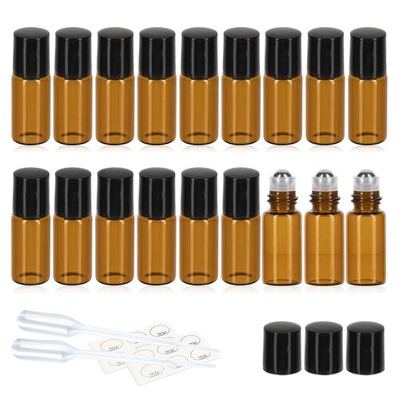 ZEJIA 3ml Roller Bottles 24Pack Amber Thick Glass Essential Oil Roller Bottles Stainless Steel Roller Ball with 2 Droppers