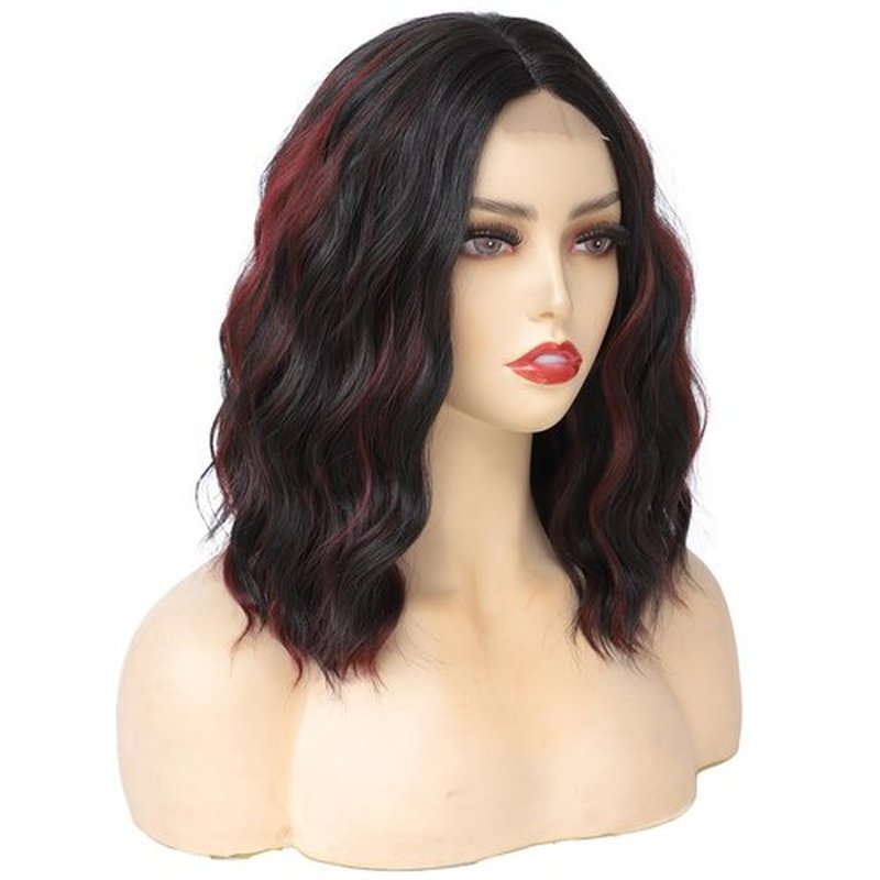 Rose bud Wavy Bob Wig Natural Wig Dark Brown mix Red Synthetic Hair Shoulder Length Short Curly Middle Part Lace Front Wigs for Women