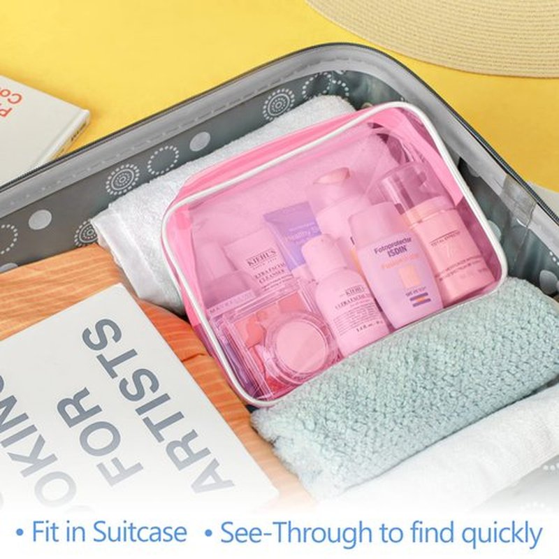 PACKISM Clear Makeup Bags - 3 Pack Tsa Approved Toiletry Bag with Zipper, Water-resistant Clear Cosmetic Bags Fit Travel Essentials, Carry-on Travel Toiletry Bag, Fluorescent Pink