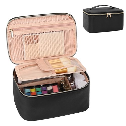 OCHEAL Makeup Bag, Travel Makeup Bag Organizer with Brush Compatrment Large Cute Cosmetic Toiletry Bag for Women and Girls Traveling Skincare or Makeup Essentials Storage Case -Black