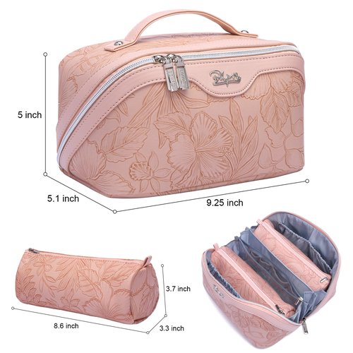 Travel Makeup Bags Cosmetic Organizer Bag: 3-Set Large Capacity Make up Bag - PU Leather Toiletry Bag for Women - Wide Open Portable Pouch with Divider & Handle (01-Z-Pink)