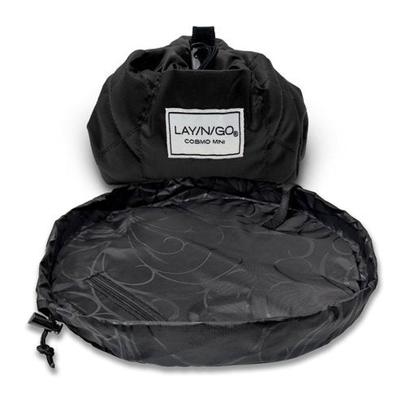 Lay-n-Go Cosmo Drawstring Cosmetic & Makeup Bag Organizer - Portable Drawstring Makeup Bag w/Zipper Pocket, Makeup Loops & More - Durable, Machine Washable Makeup Bag for Travel (16”, Black)
