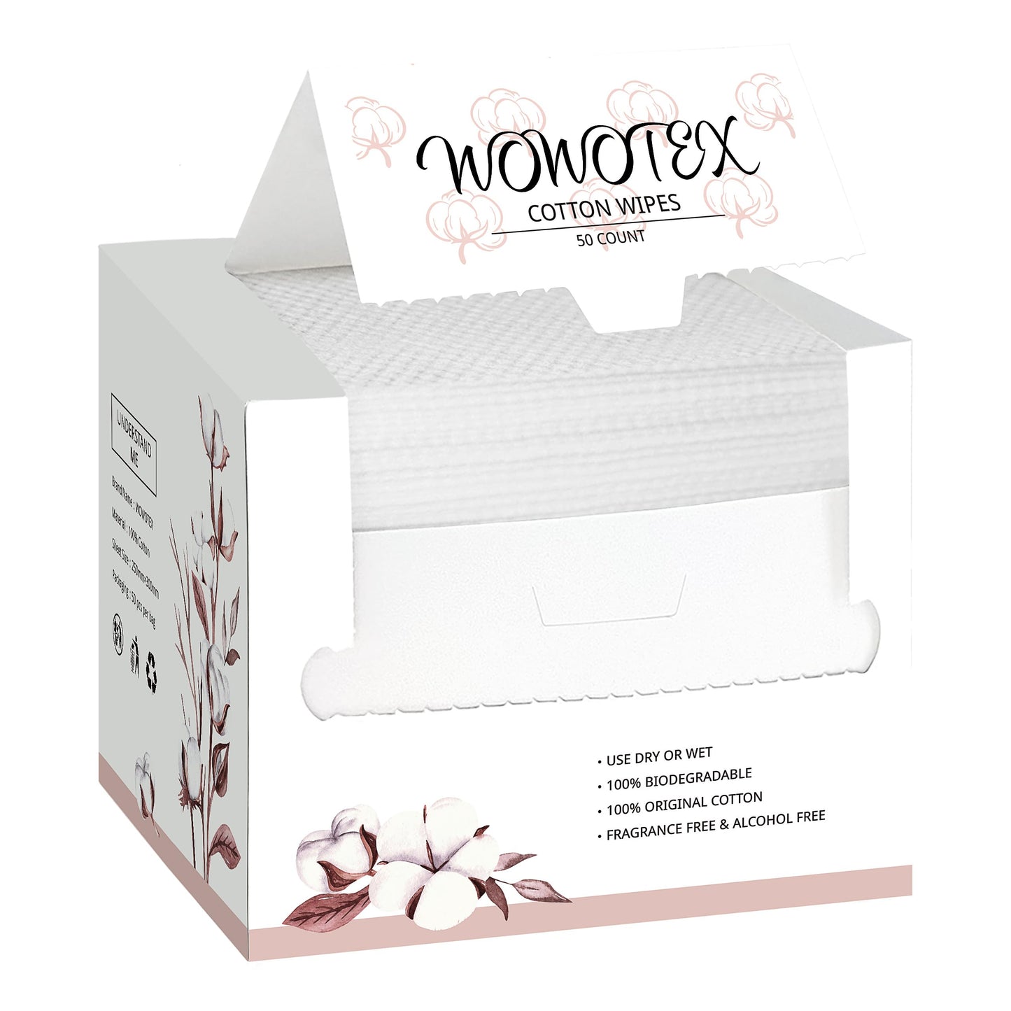 WOWOTEX 100% Cotton Disposable Face Towel 50 Count 10x12 Inch | Biodegradable Thick Soft One Time Use Dry Wipes for Sensitive Skin, Baby Care, Facial Cleaning, Makeup Removal