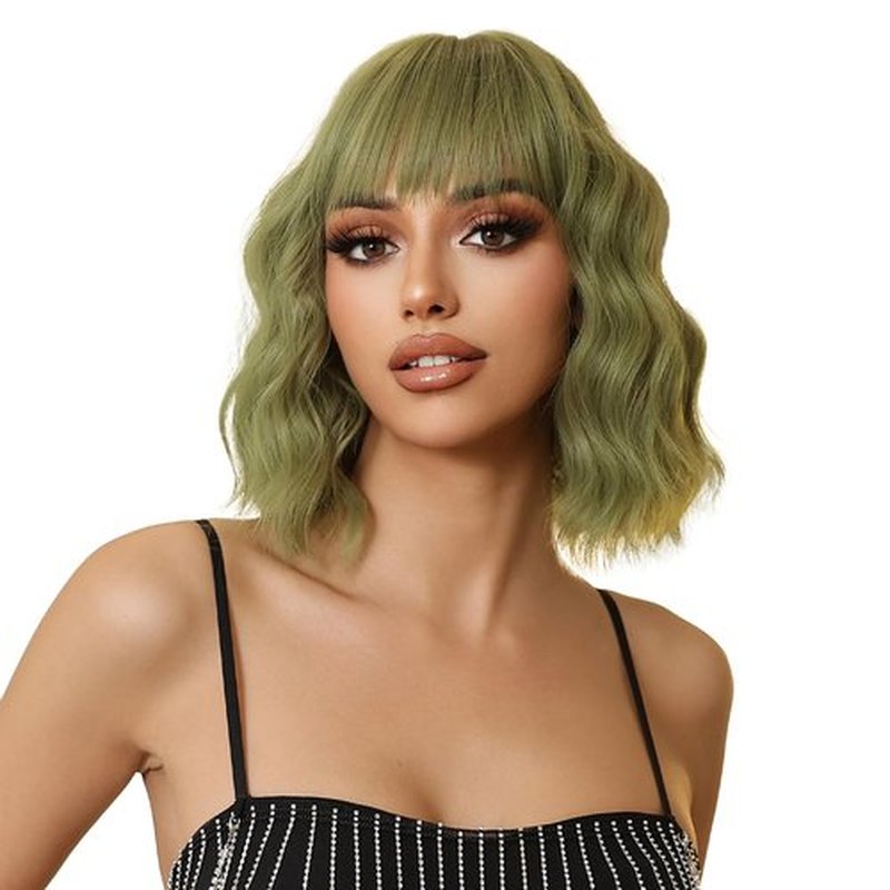 Allbell Olive Green Wigs for Women, Short Wavy Bob Wig,Bob Wig with Bangs,Synthetic Short Curly Wave Wigs, Costume Wig, Fiber Hair Wigs for Cosplay