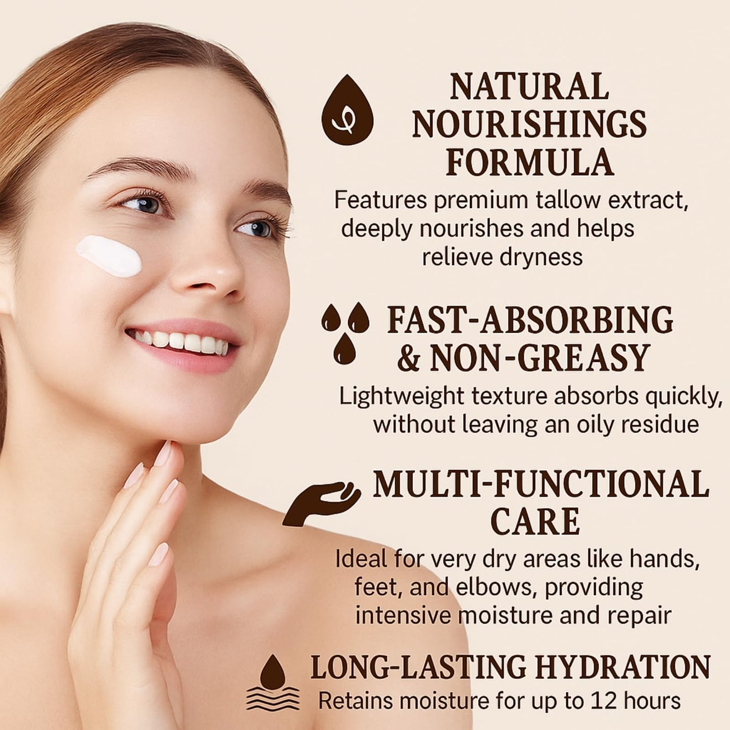 Organic Tallow Honey Cream for Face & Skin - Tallow and Honey Balm100% Pure Grass-Fed Tallow Face Moisturizer, Ultra- Hydrating & Nourishing, Natural Skincare Solution for Dry & Sensitive Skin