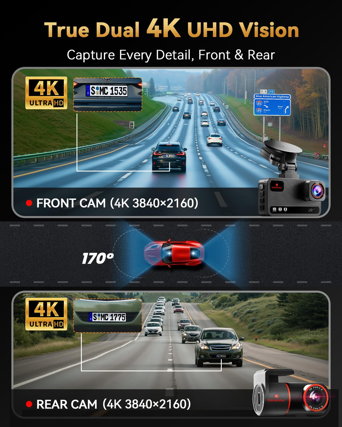 TERUNSOUl 1K+1080 Dash Cam, 2 pcs in-Visor Mounted