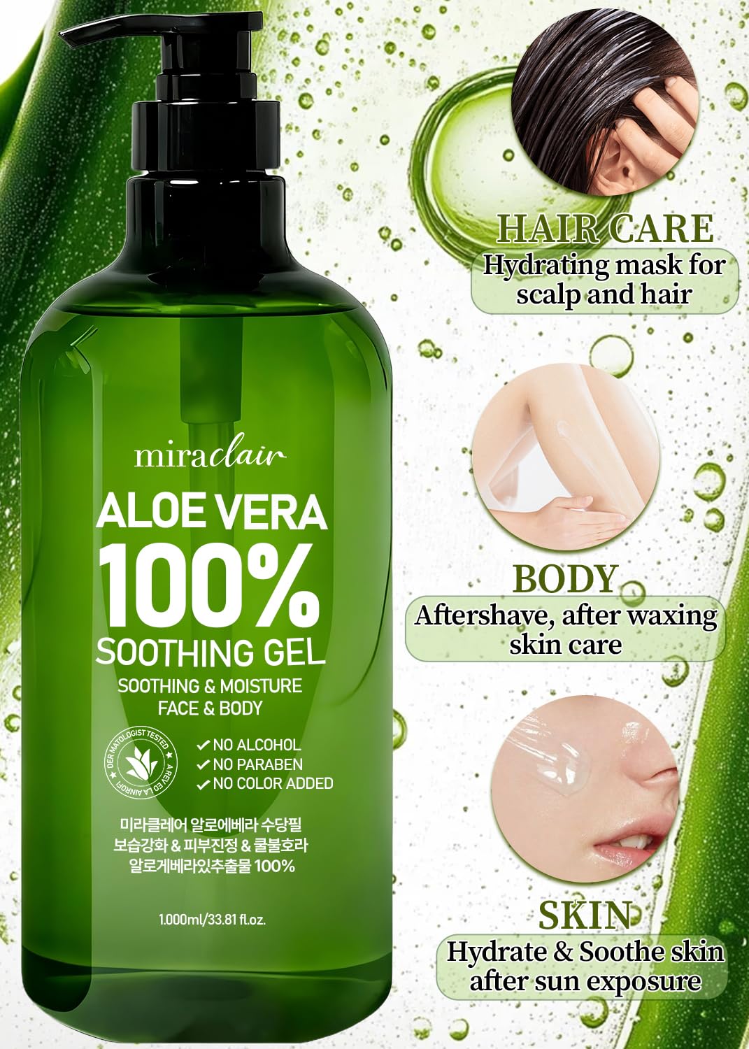 MIRACLAIR 100% Pure Aloe Vera Soothing Gel – Aloe Vera Gel 1000ml, Moisturizing & Calming Skin Care for Face & Body Hair 33.81 fl oz