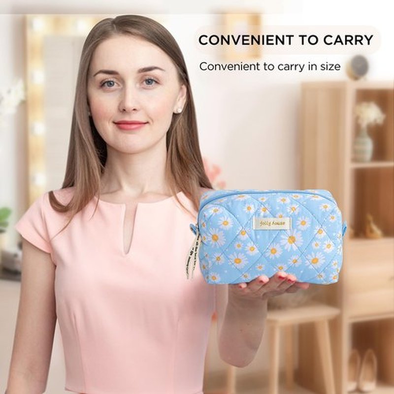 HBselect Quilted Makeup Bag Cute Makeup Bag Organizer Travel Cosmetic Bag Aesthetic Coquette Cotton Floral Make up Bag Toiletry Bags for Women Girls
