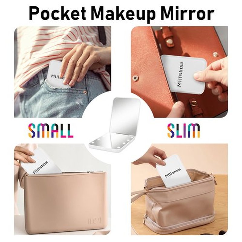 Milishow Compact Mirror, 1x/3x Magnifying LED Pocket Mirror, Small Lighted Travel Makeup Mirror for Purse, Handbag, Folding, Handheld, 2-Sided Mini Mirror with Lights for Women (Black+White 2 Pack)