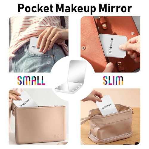 Milishow Compact Mirror, 1x/3x Magnifying LED Pocket Mirror, Small Lighted Travel Makeup Mirror for Purse, Handbag, Folding, Handheld, 2-Sided Mini Mirror with Lights for Women (White 1pack)