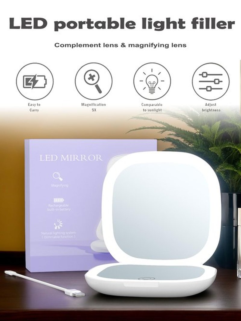 LHQOO LED Magnifying Travel Mirror 1/5x Portable Desktop Mirror - Magnifying Portable Double-Sided Dimmable USB Charging Touch Screen for Travel, Daily Commute and Dating (Green)