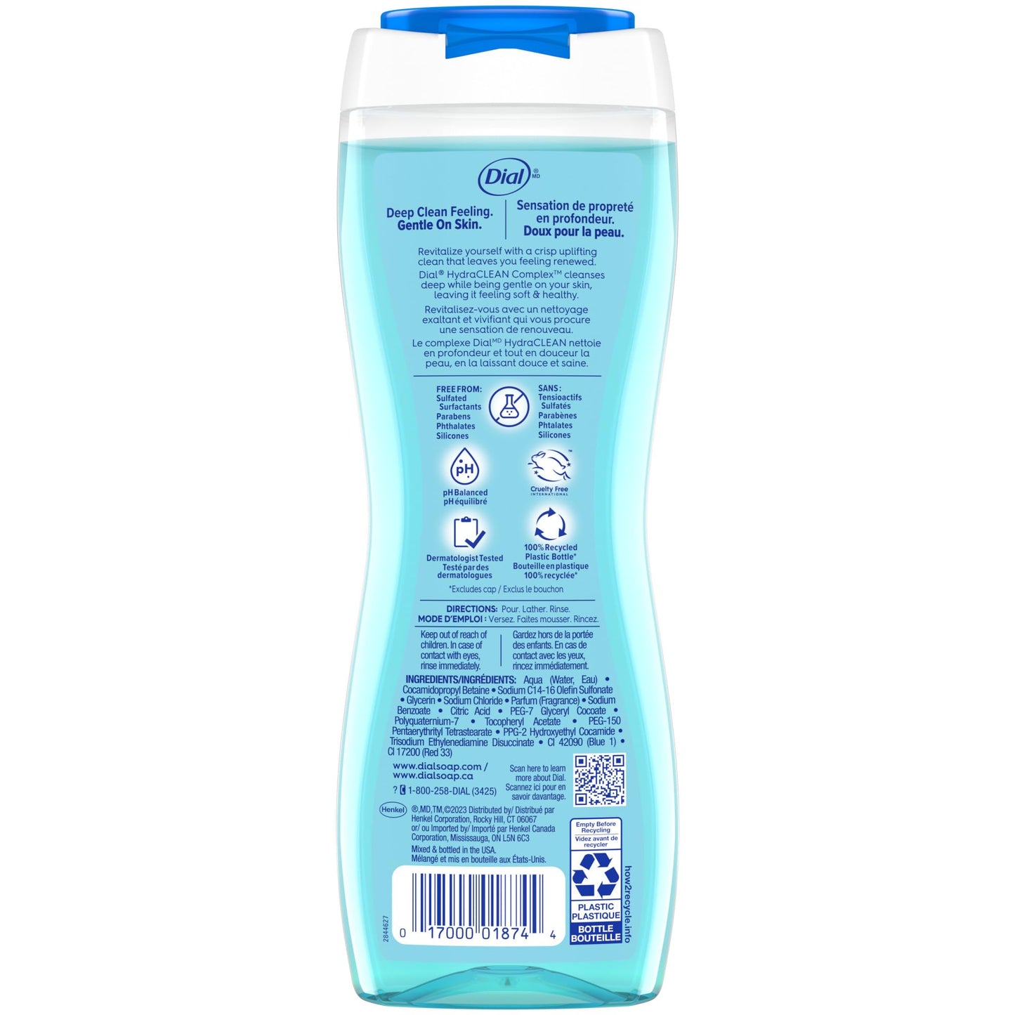 Dial Body Wash, Hydraclean Complex & Vitamin E, Gentle, Leaves Skin Feeling Nourished, Dermatologist-Tested, No Parabens & Sulfates, Refresh & Renew, Spring Water, 16 Fl Oz (Pack of 4)