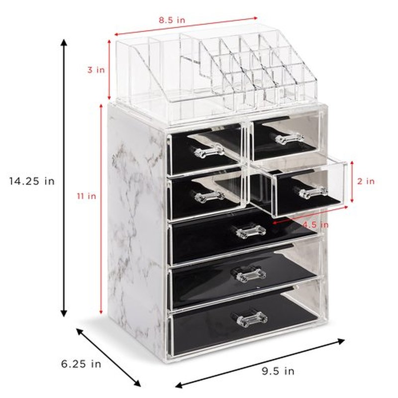 Sorbus Clear Cosmetic Makeup Organizer - Make Up & Jewelry Storage, Case & Display - Spacious Design - Great Holder for Dresser, Bathroom, Vanity & Countertop (3 Large, 4 Small Drawers) [Marble Print]