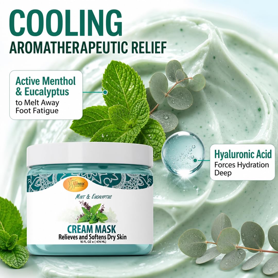 SPA REDI Foot & Body Cream Mask – Mint & Eucalyptus Cooling Treatment for Cracked Heels & Dry Skin | Hyaluronic Acid, Paraben-Free, Sulfate-Free | Professional Salon & At-Home Spa Use | 16 oz