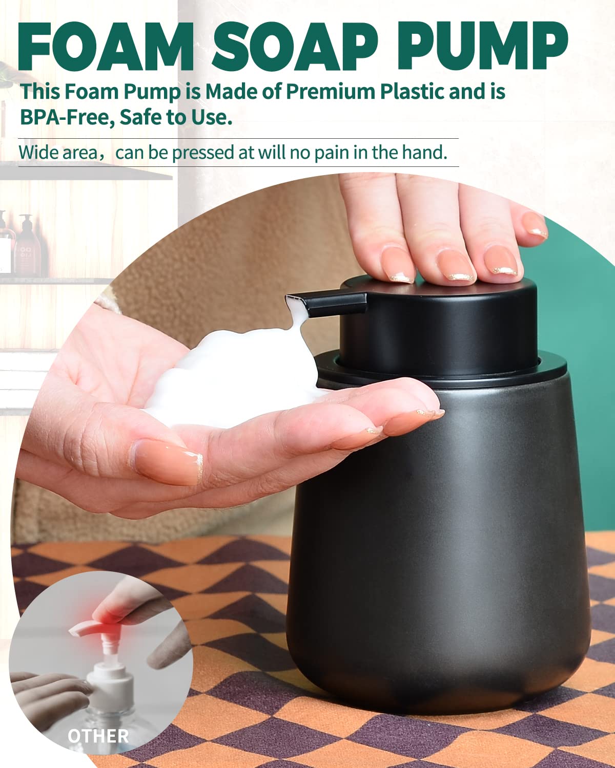 Bosilunlife Ceramic Foaming Soap Dispenser - 12Oz Bathroom Countertop Kitchen Dish Soap Pump Dispenser Foam Soap Dispenser - Matte Black