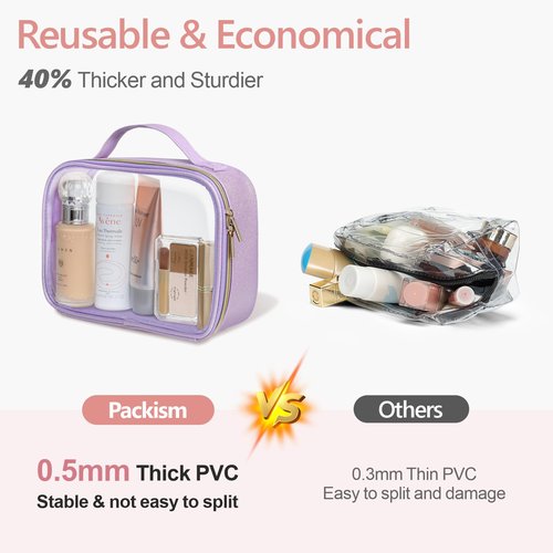 PACKISM TSA Approved Toiletry Bag - Glitter Textured Clear Travel Bag, Personalized and Fashion, with 180° Large Opening and Supporting Frame, Perfect for Travel Essentials, Thick No Smell, Purple