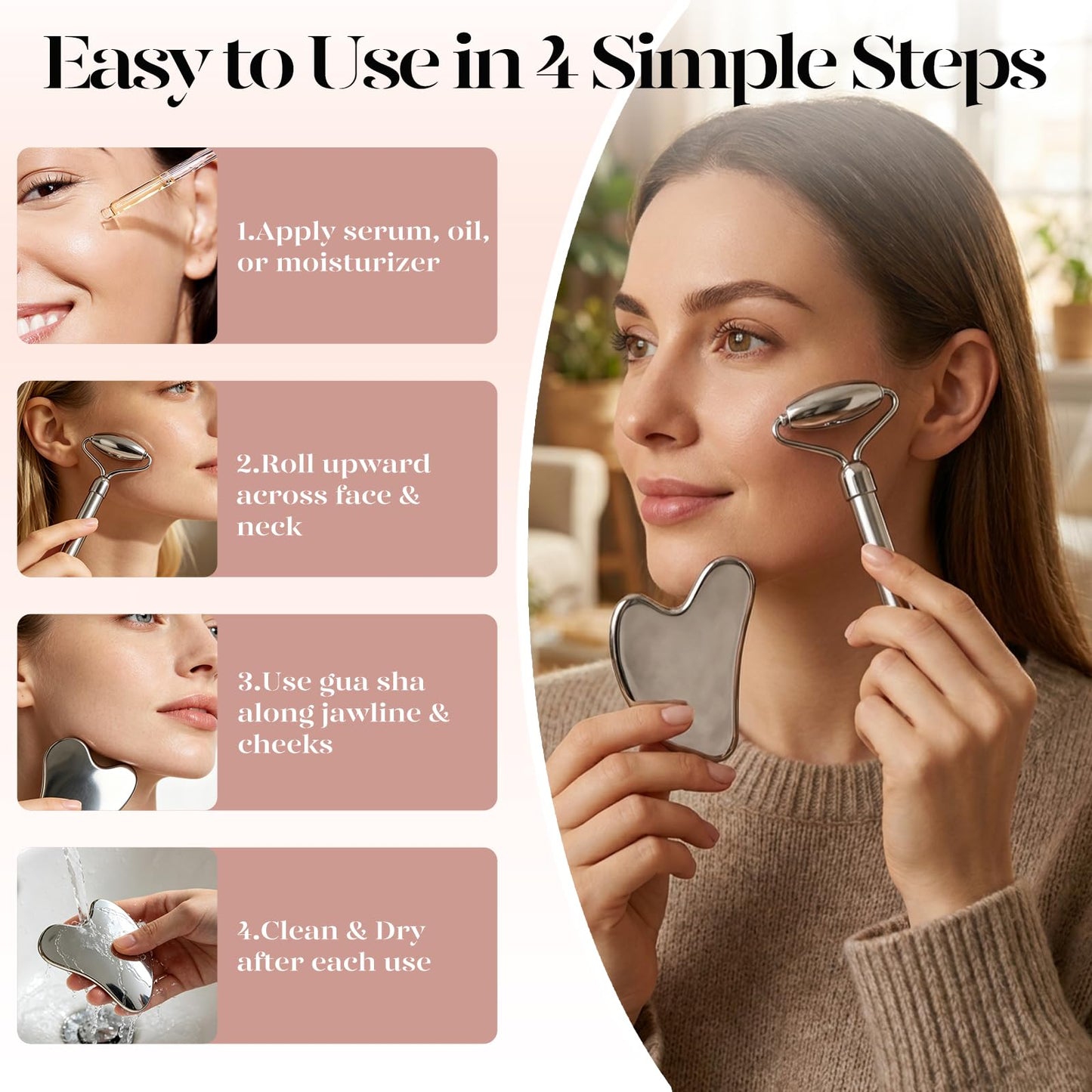 BAIMEI Stainless Steel Gua Sha & Face Roller Set, Facial Massage Tool for Face, Neck and Body, Cooling Metal Skin Care Tools for Depuffing Routine, Self Care Gift for Women