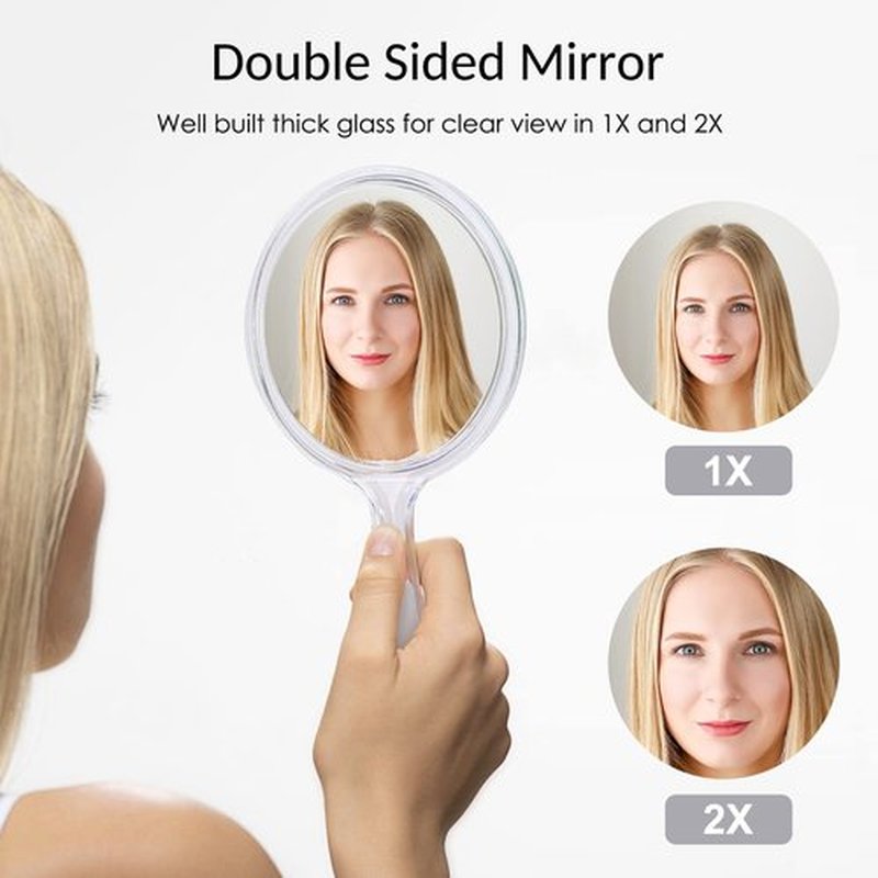 D Handheld Mirror with Handle - 5.4" W x 10.4" L Hand Mirror Large Doule Sided Magnifying Mirror 1X 2X Handle Makeup Mirror Acrylic Handheld Mirror Rounded Shape Transparent