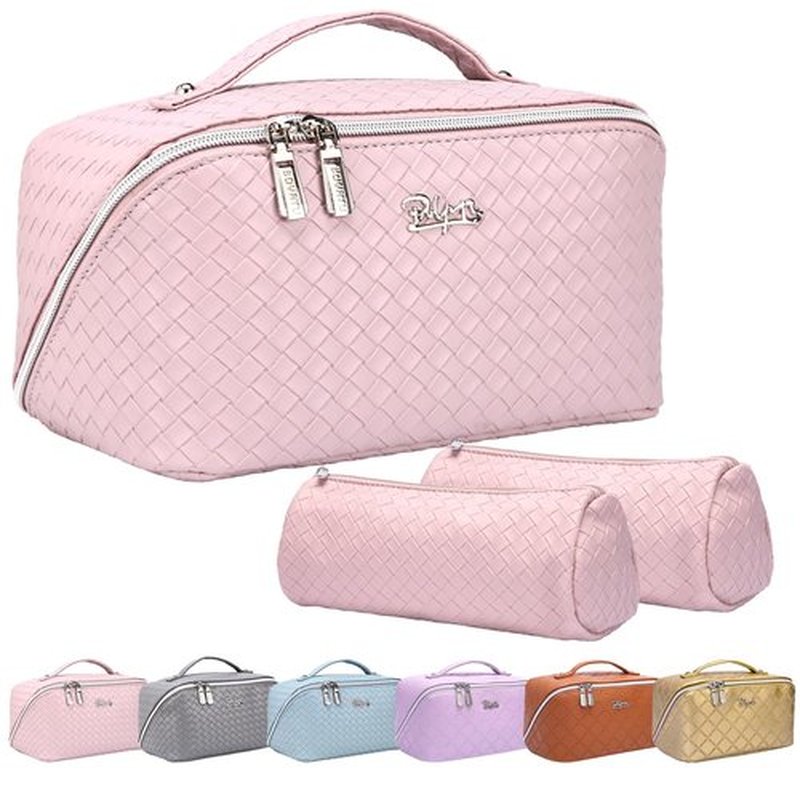Travel Makeup Bags Cosmetic Organizer Bag: Large Capacity Make up Bag Set of 3 - Vegan Leather Toiletry Bag for Women - Portable Makeup Organizer with Compartments & Handle & Divider (1 Violet)