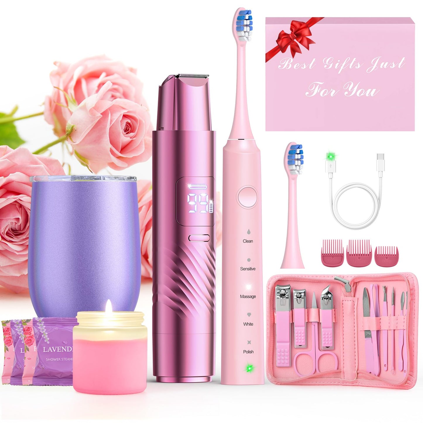 Happy Birthday Gifts for Women, Gift Baskets for Women with 2-IN-1 Dual Head Electric Trimmer, Toothbrush & 12oz Mug, 10 in 1 Nail Clippers Set, Luxury Practical Gift Baskets for Her Girlfriend Wife