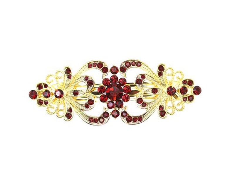 Faship Gorgeous Burgundy Rhinestone Crystal Hearts And Floral Hair Barrette