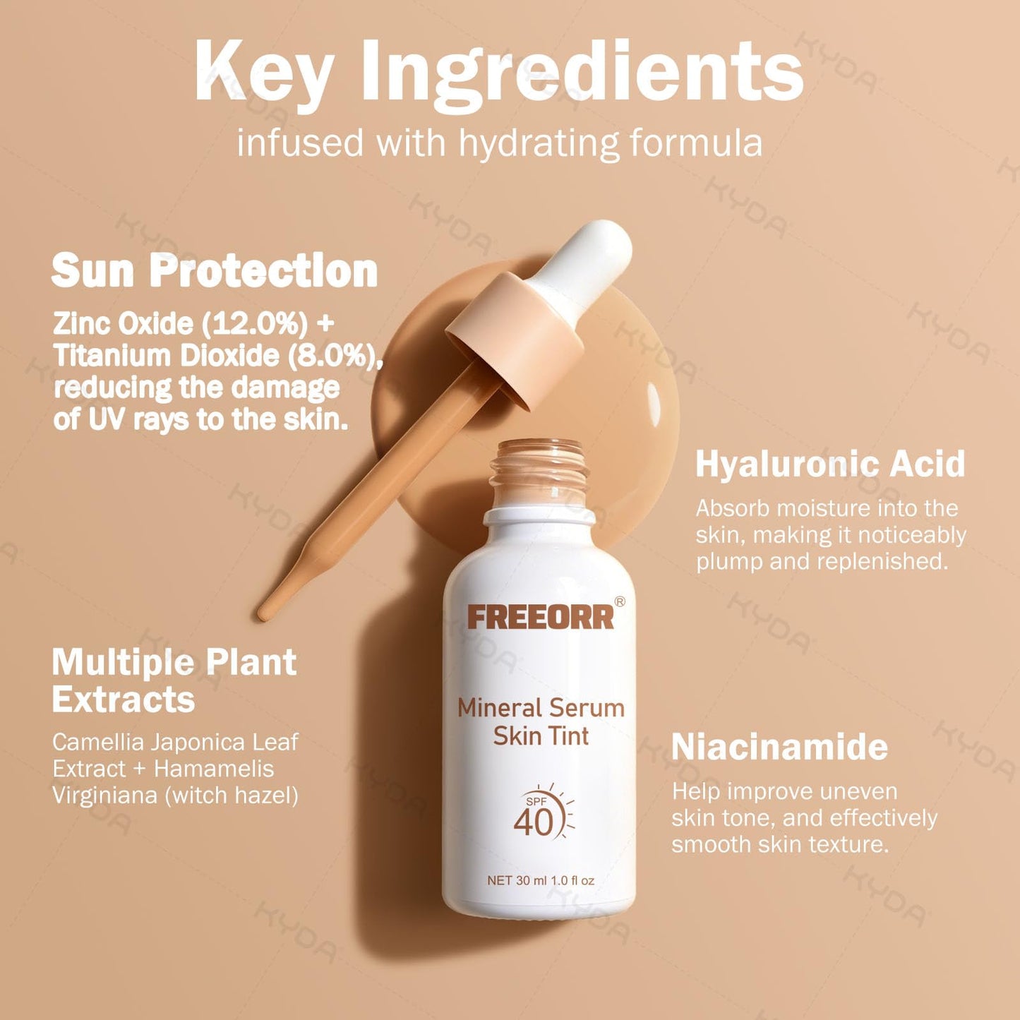 KYDA Serum Skin Tint with SPF 40, Tinted Serum Foundation Infused with Hyaluronic acid + Niacinamide, Hydrating, Smoothing and Refining Skin, Buildable Lightweight Dewy Cover, 1 Fl Oz, Natural Beige