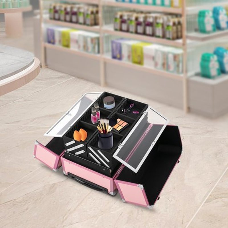 Lockable Makeup Train Case with 6 Trays, Multi-layer Rolling Cosmetic Storage Trolley, Professional Cosmetology Travel Box on Wheels for Nail Tech Salon Hair Stylists, Aluminum Alloy, PU (Pink)