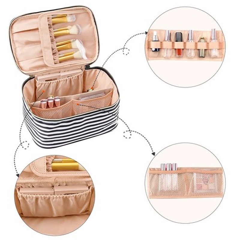 OCHEAL Striped Makeup Bag,Travel Makeup Organizer Bag, Large Capacity Cosmetic Bags For Women Large Travel Toiletry Bag Girls Traveling With Brush Slot And Divider