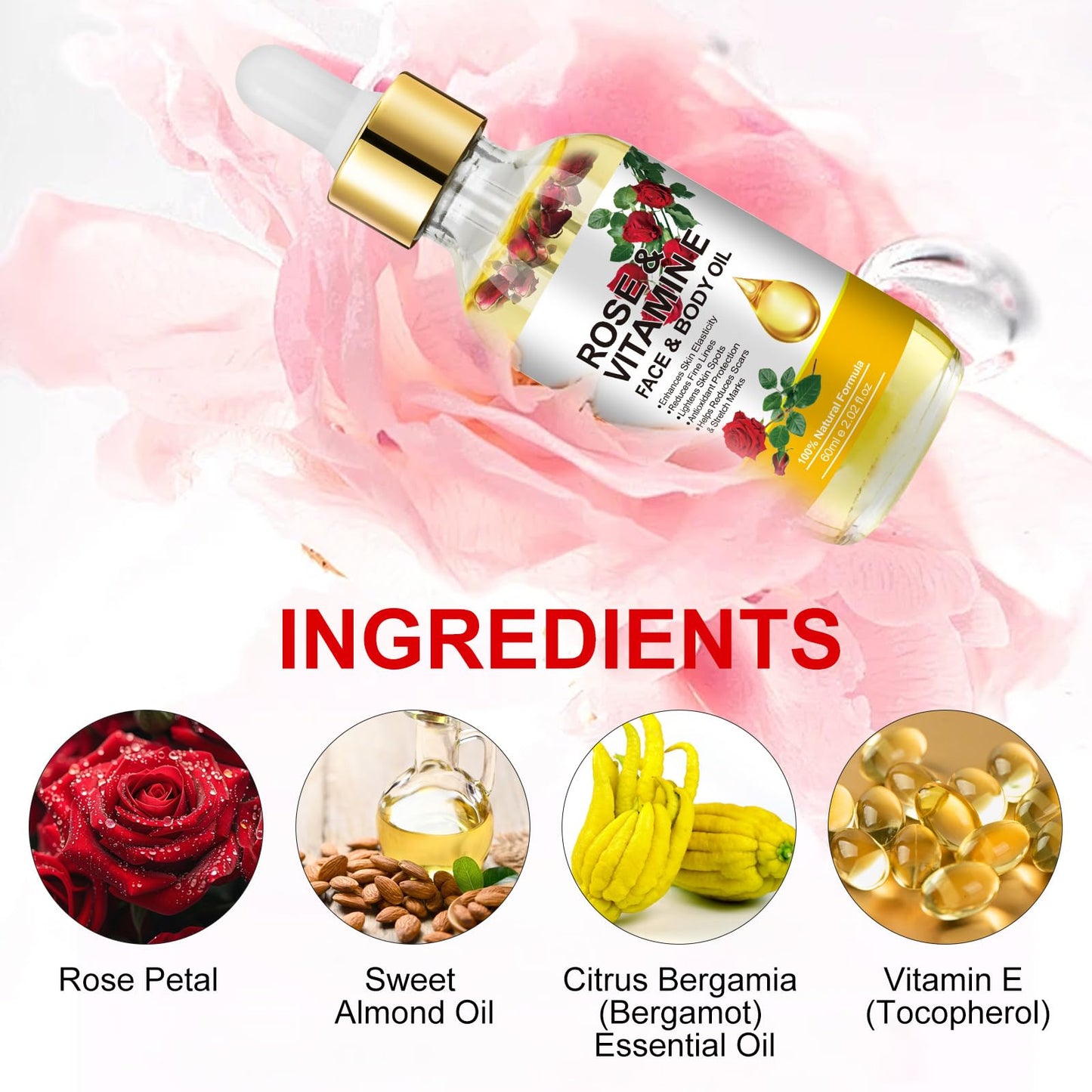 Rose Oil for Face, Vitamin E & Rose Facial Oil with Gua Sha Tool Set, Vitamin E Nourishing Moisturizing Oil for Face & Skin 2 Fl Oz ﻿
