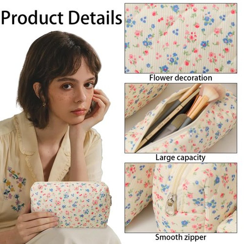 LYDZTION 3Pcs Makeup Bag Set, Large Floral Cosmetic Bag Quilted Makeup Bag Travel Makeup Bag Organizer Cute Makeup Brush Bag Travel Toiletry Bag for Women